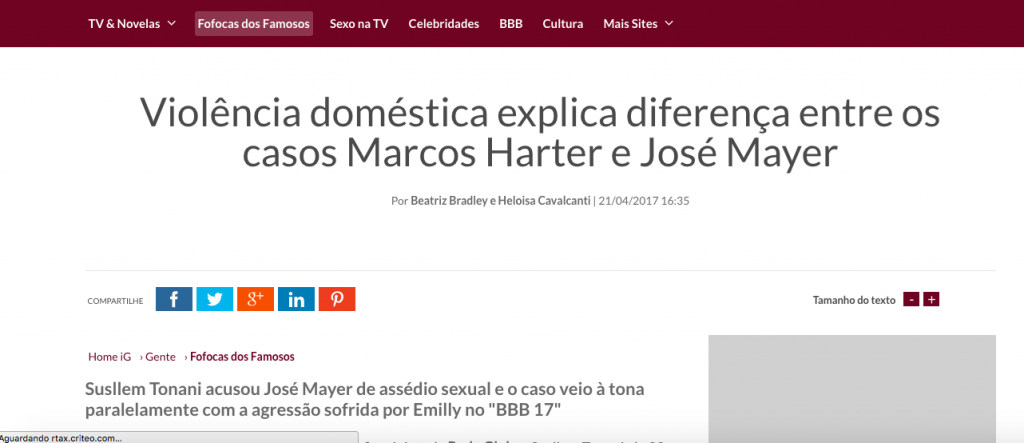 IG – comentários sobre os casos José Mayer e Marcos Harter (BBB)